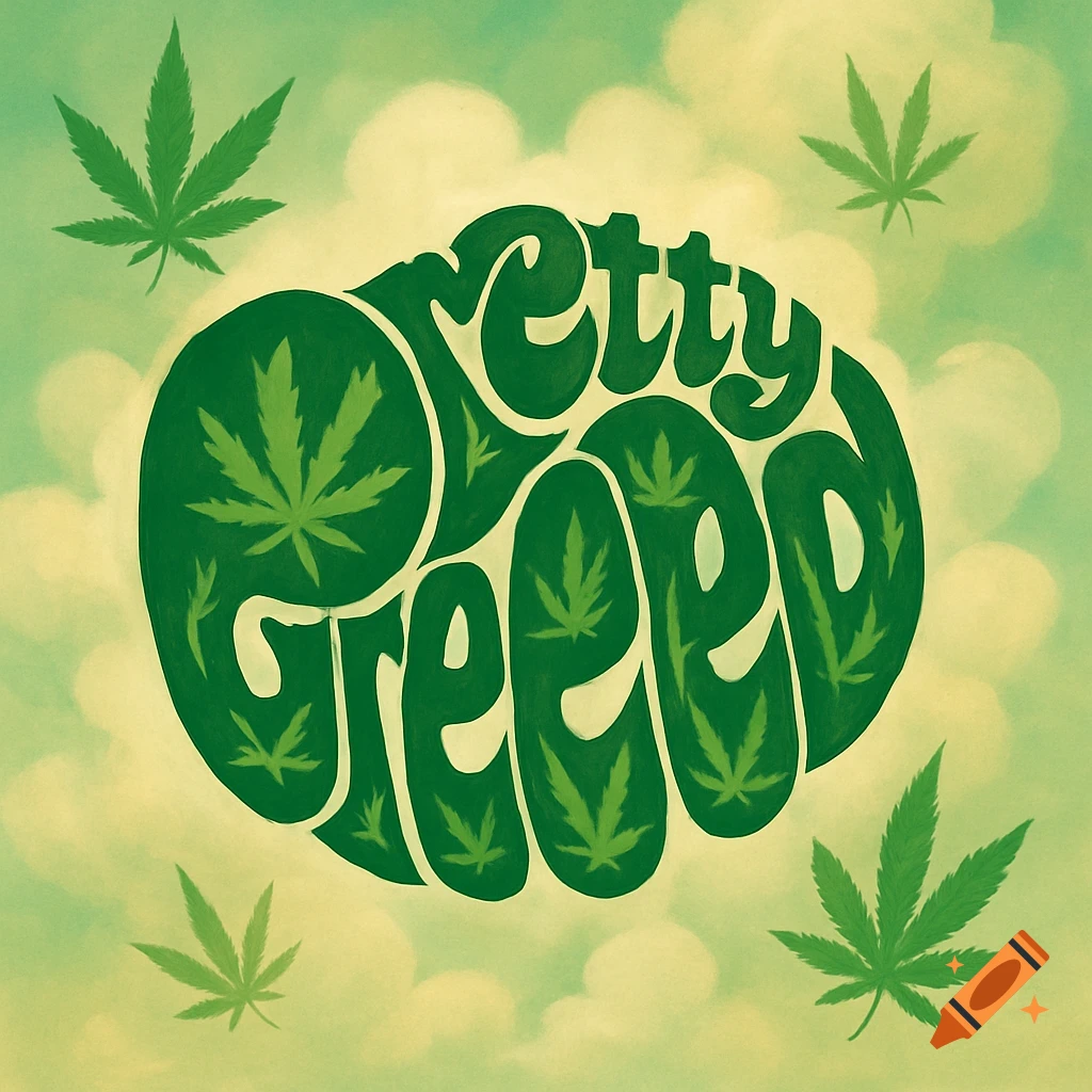 Green stylized text 'Pretty Greened' with cannabis leaves on a hazy green and yellow background.