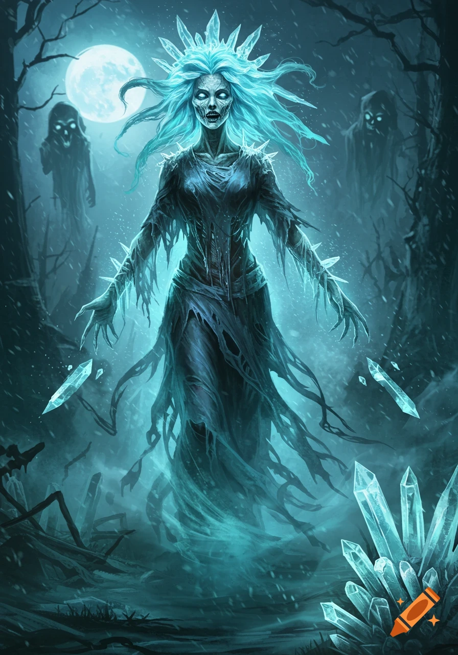 A chilling fantasy illustration of an undead woman with glowing blue hair and tattered clothes, surrounded by ice shards and spectral figures in a moonlit, snowy forest.