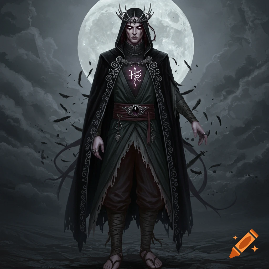 A dark fantasy character, a cloaked king with a crown and glowing symbol, stands under a full moon with black feathers falling.