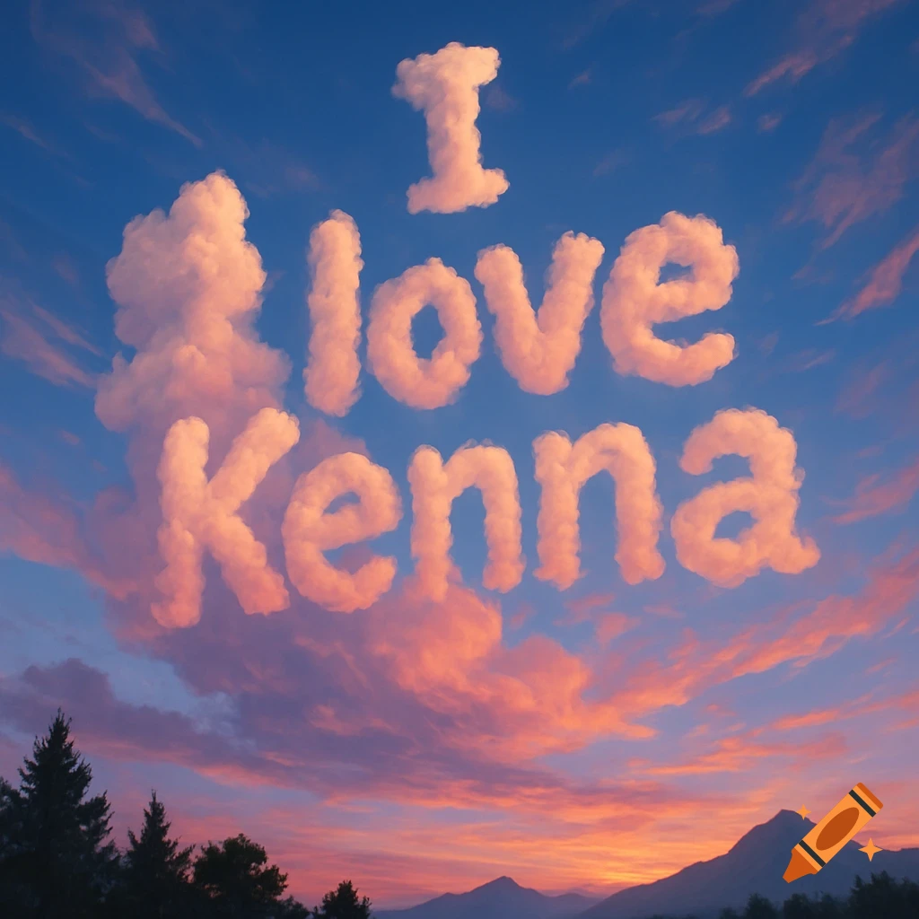 Clouds spelling "I love Kenna" in a colorful sunset sky over mountains and trees.
