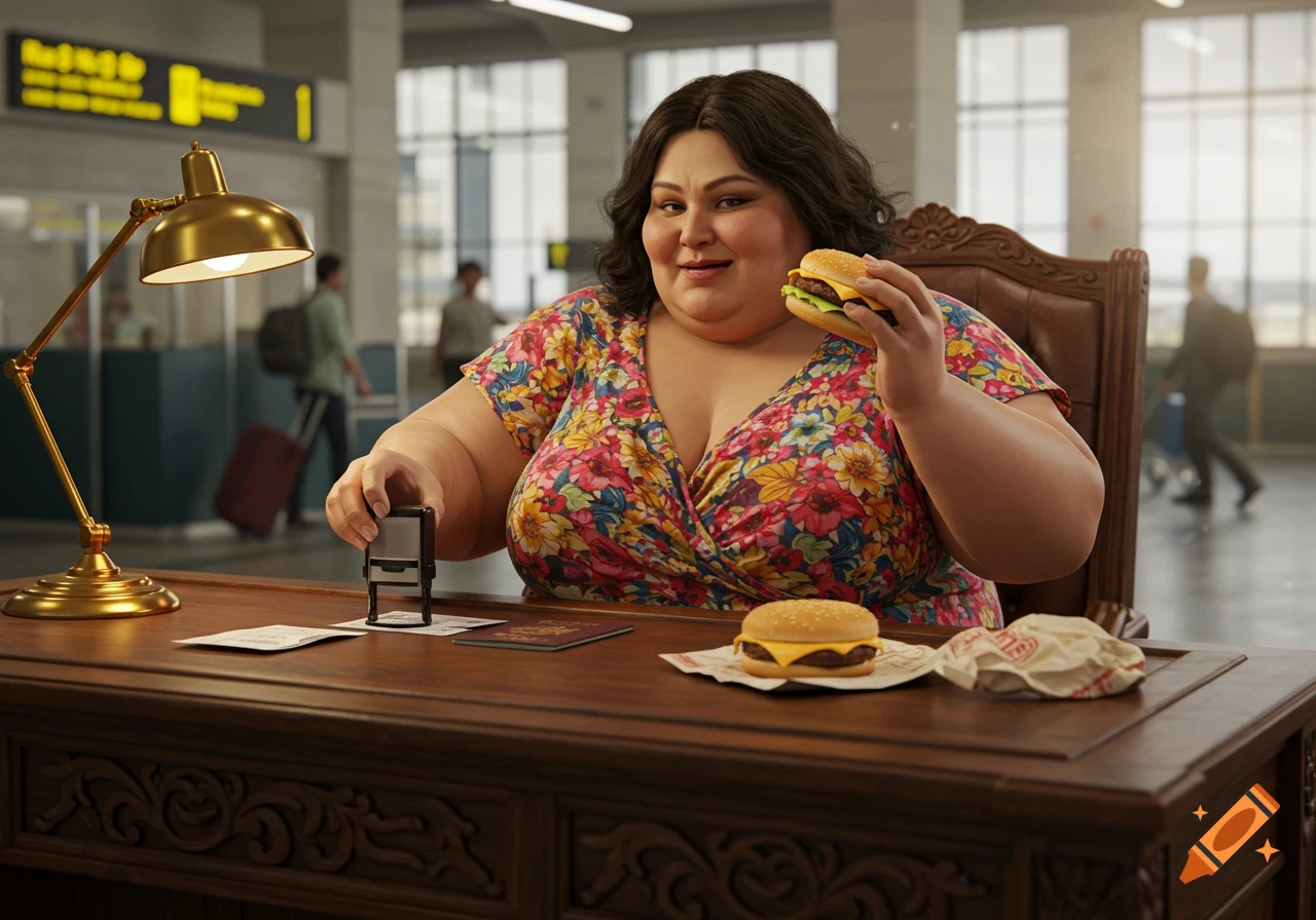 A photorealistic image of a woman in a floral dress holding a cheeseburger and stamping a passport at a wooden desk in an airport.