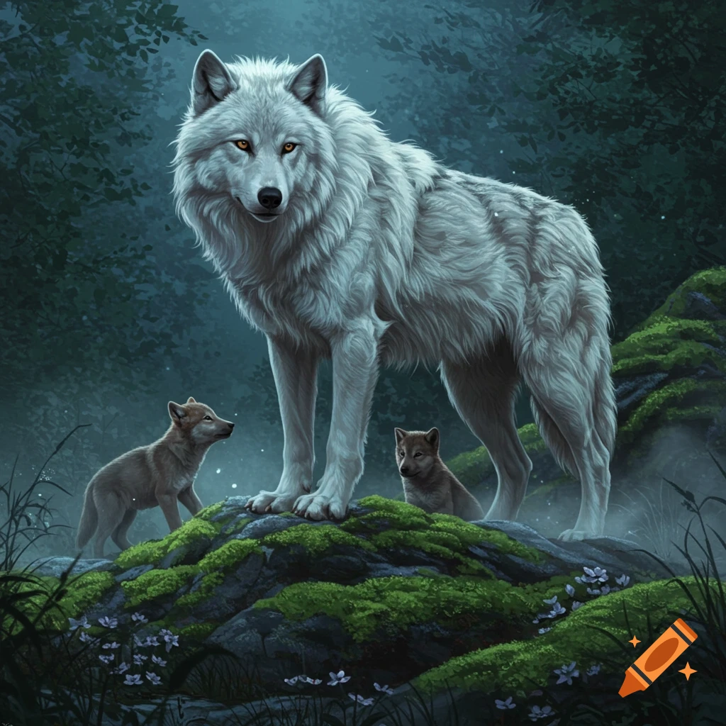 A large white wolf stands on a mossy rock with two smaller wolf pups in a dark forest, digital painting.