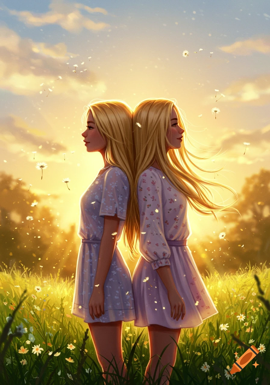 Two blonde women stand back-to-back in a sunny field of flowers as petals float around them, digital art.