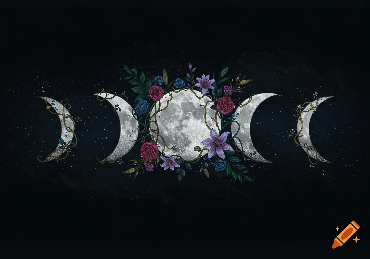Triple moon symbol with a full moon flanked by crescent moons, intertwined with colorful flowers and vines against a starry dark sky.
