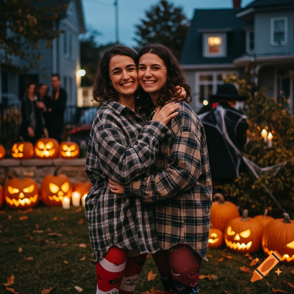 Two smiling women in flannel shirts and patterned tights hug amongst glowing jack-o'-lanterns on Halloween night.
