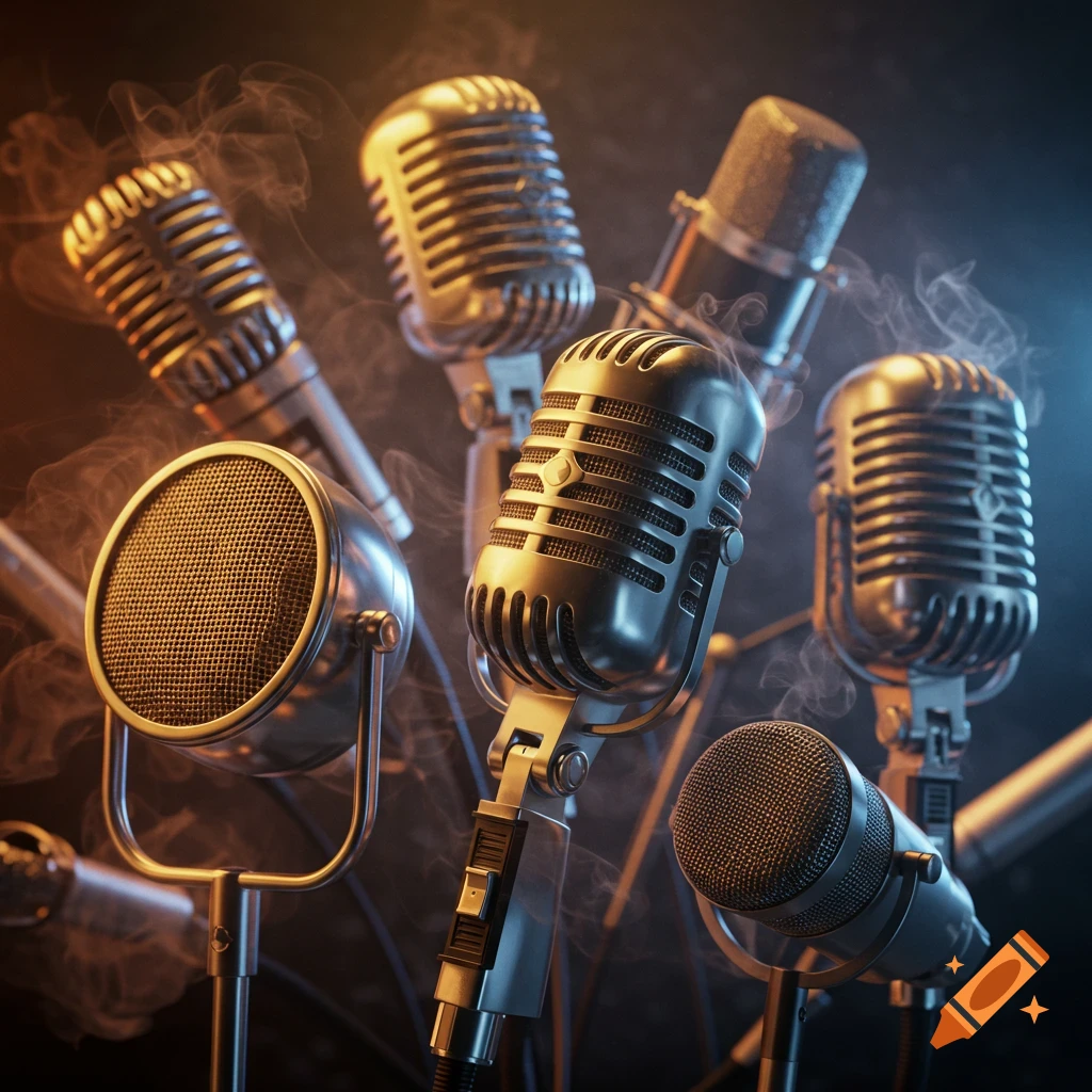 A photorealistic close-up of several vintage microphones bathed in warm and cool light with smoke effects.