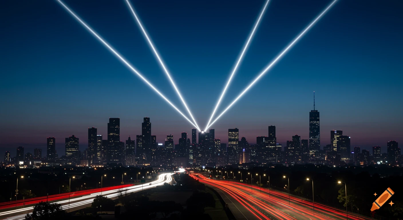 A night cityscape with bright searchlights beaming into a dark blue sky, and blurred red and white car lights streaking on a highway in the foreground.