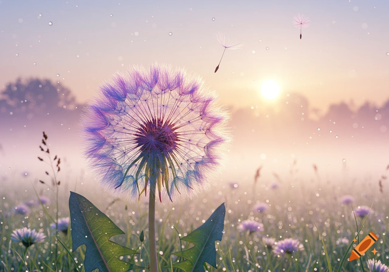 A vibrant dandelion with purple and blue petals stands in a misty field at sunrise, with dew drops shimmering and seeds floating.