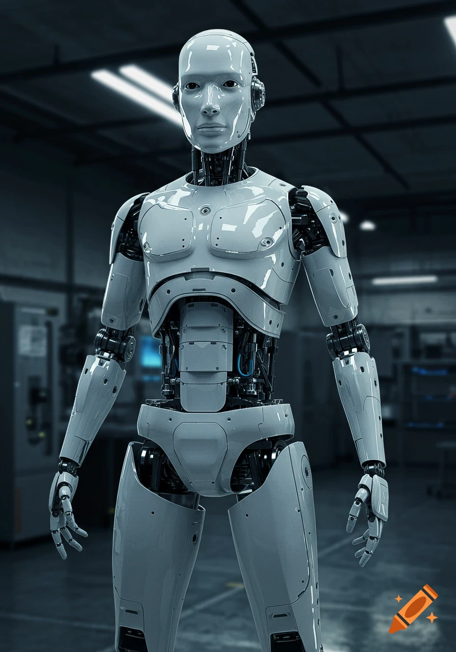 Photorealistic full body shot of a white and grey humanoid robot in an industrial setting.