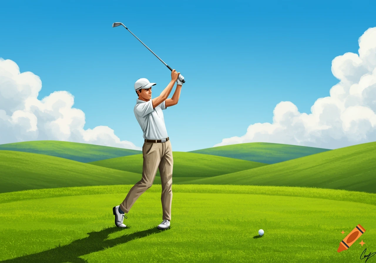 A male golfer in a white shirt swings a club on a green course under a blue sky, in an illustrative style.