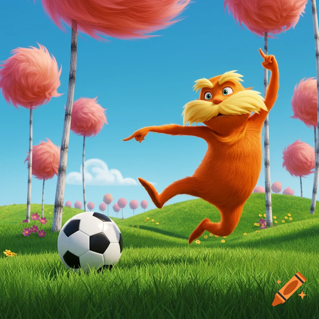 The Lorax, an orange furry creature, kicks a soccer ball on a green grassy field with pink Truffula Trees under a blue sky.
