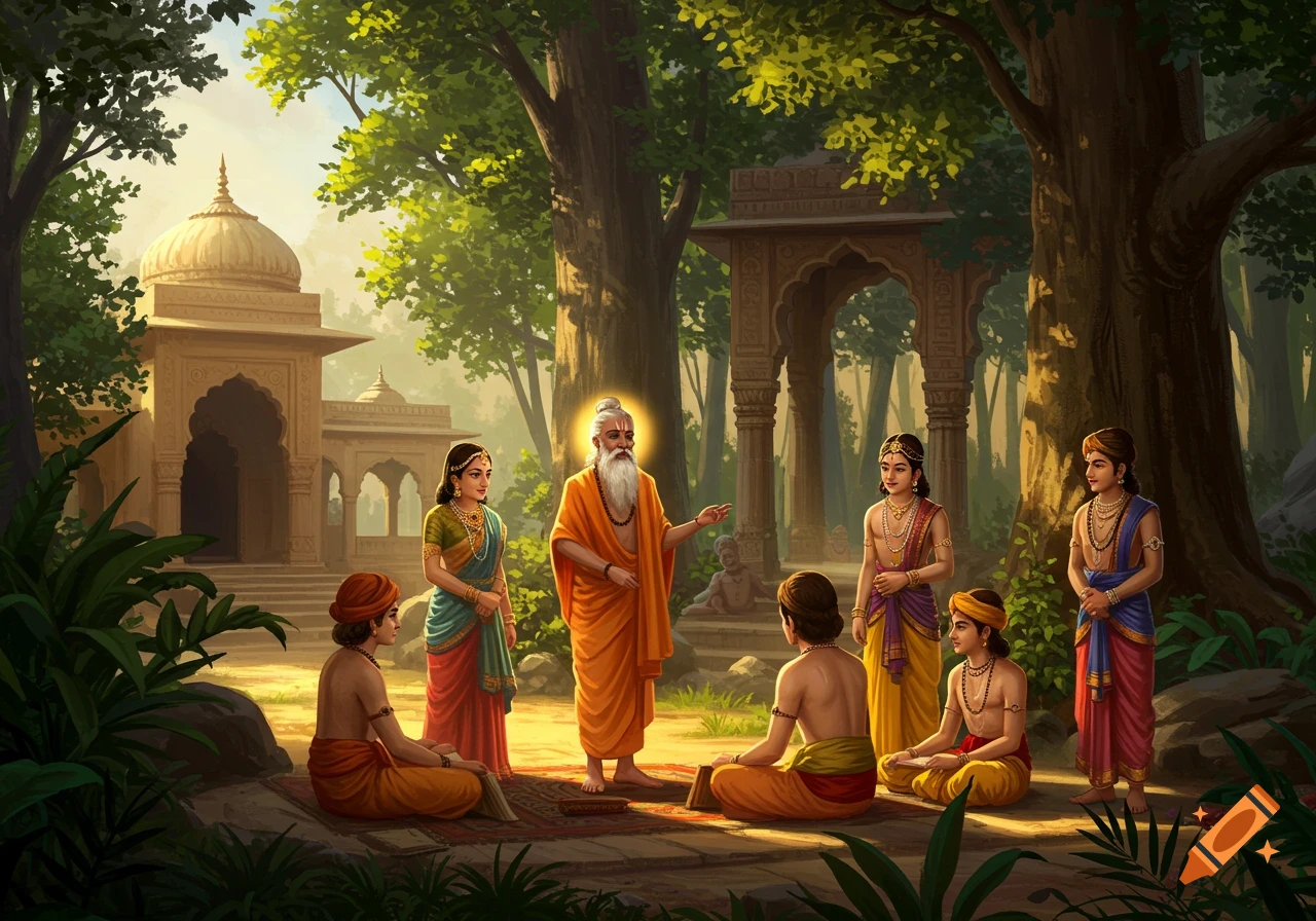 A wise sage teaches young students in traditional attire in an ancient Indian forest gurukul with temples.