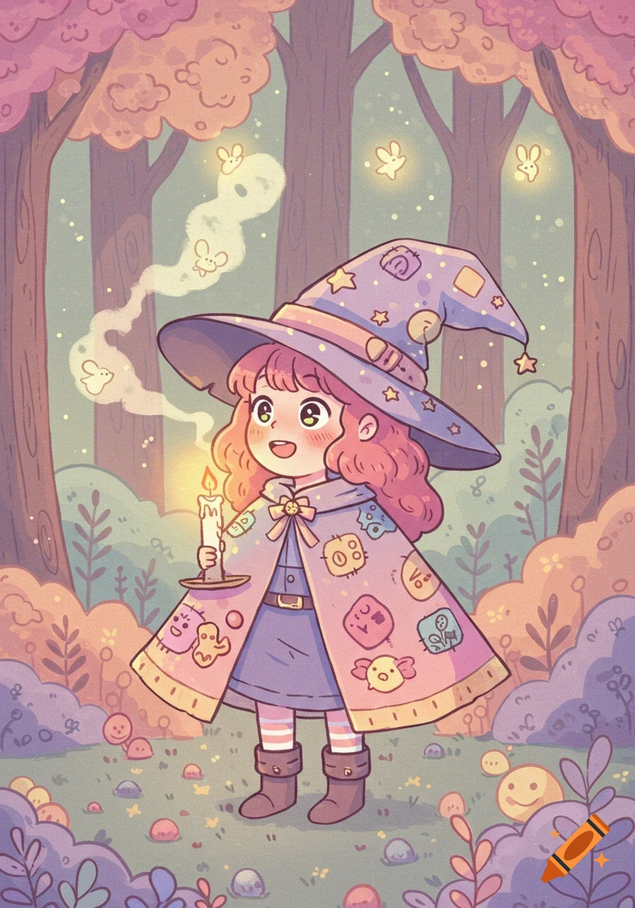 A cute cartoon witch with pink hair and a large hat holds a glowing candle in a magical forest at dusk, with glowing bunny spirits and starry lights.