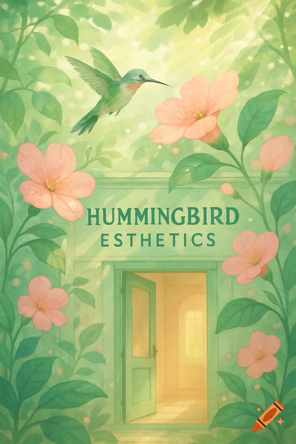A pastel illustration of a hummingbird above a building entrance, surrounded by pink flowers and green foliage, with 'HUMMINGBIRD ESTHETICS' text.