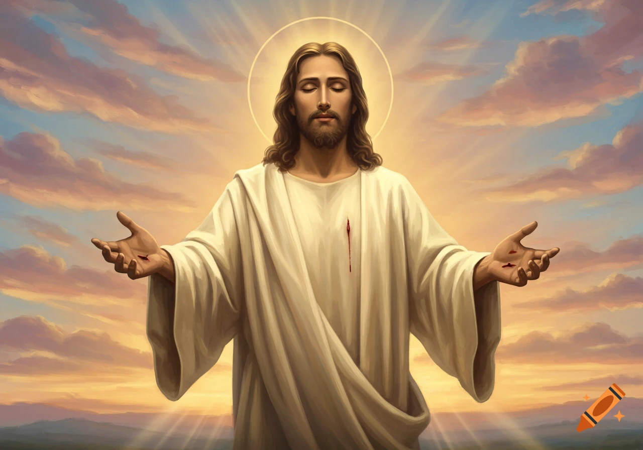 A painting of Jesus with outstretched arms, showing wounds on his hands and chest, against a bright, cloudy sky.