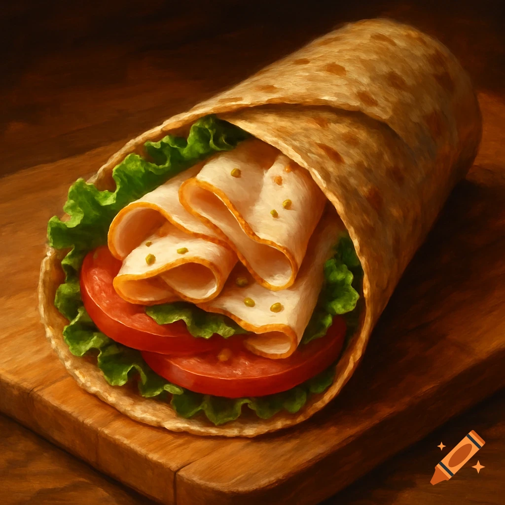 A close-up of a turkey breast wrap filled with lettuce and sliced tomatoes, resting on a wooden cutting board.