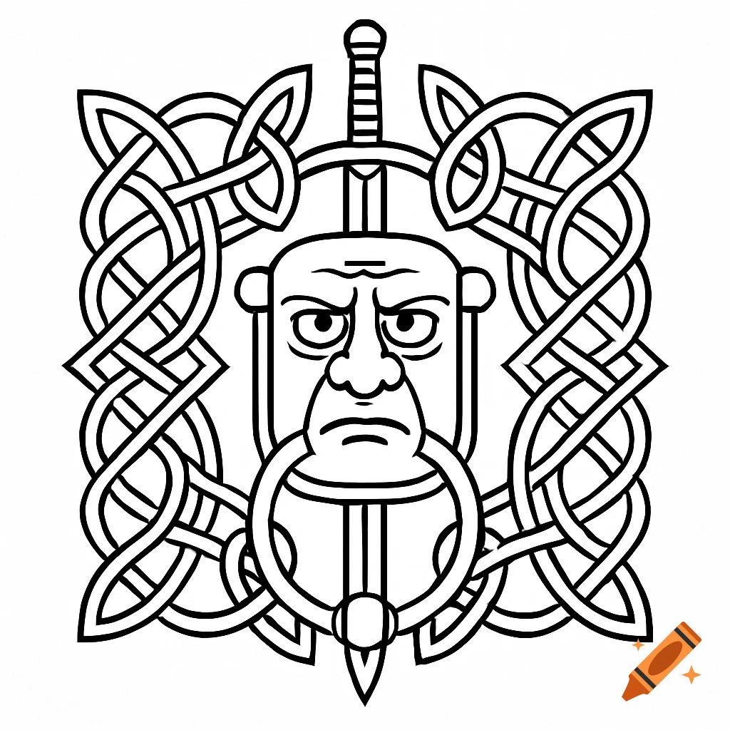 Black and white line art of a stern-faced doorknocker, a sword, and intricate Celtic knots arranged symmetrically.