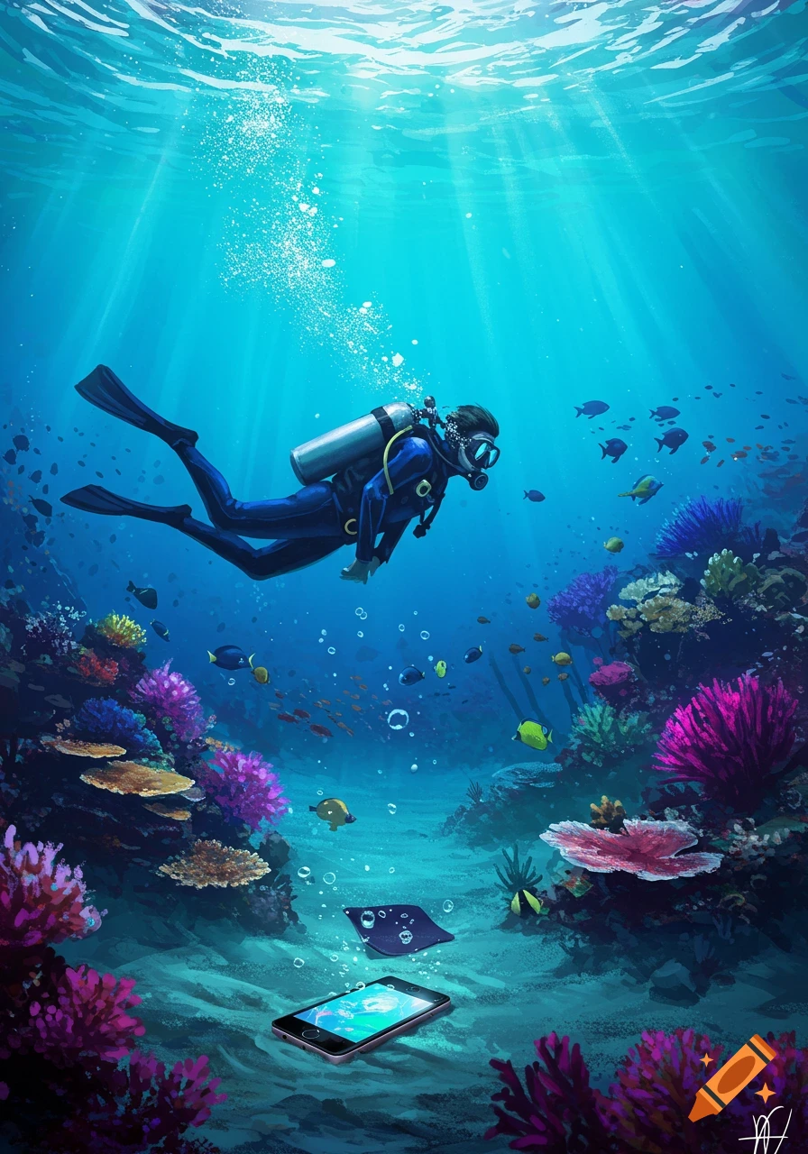 A scuba diver explores a vibrant coral reef, with sunlight filtering through the clear blue water. A smartphone rests on the sandy seabed.