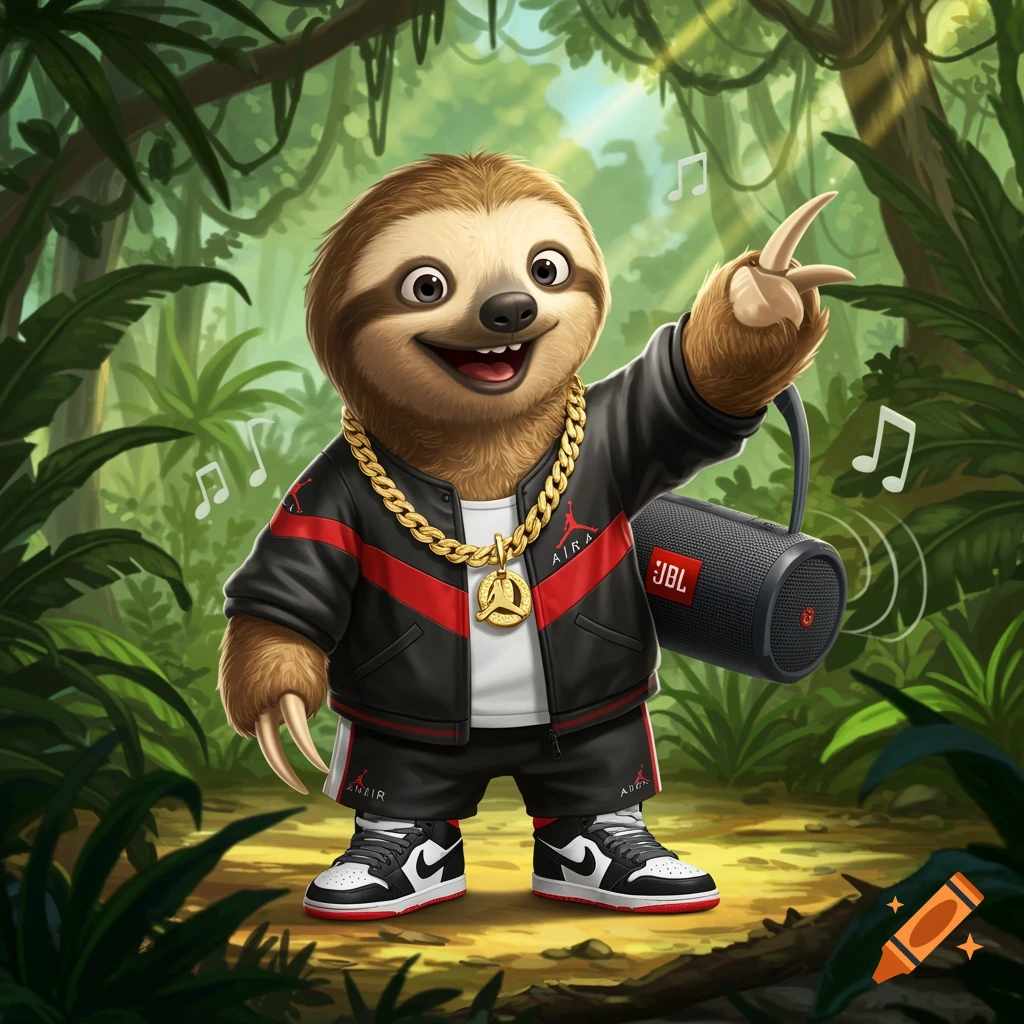 A happy cartoon sloth in a black and red tracksuit with a gold chain and sneakers, holding a JBL speaker in a jungle.