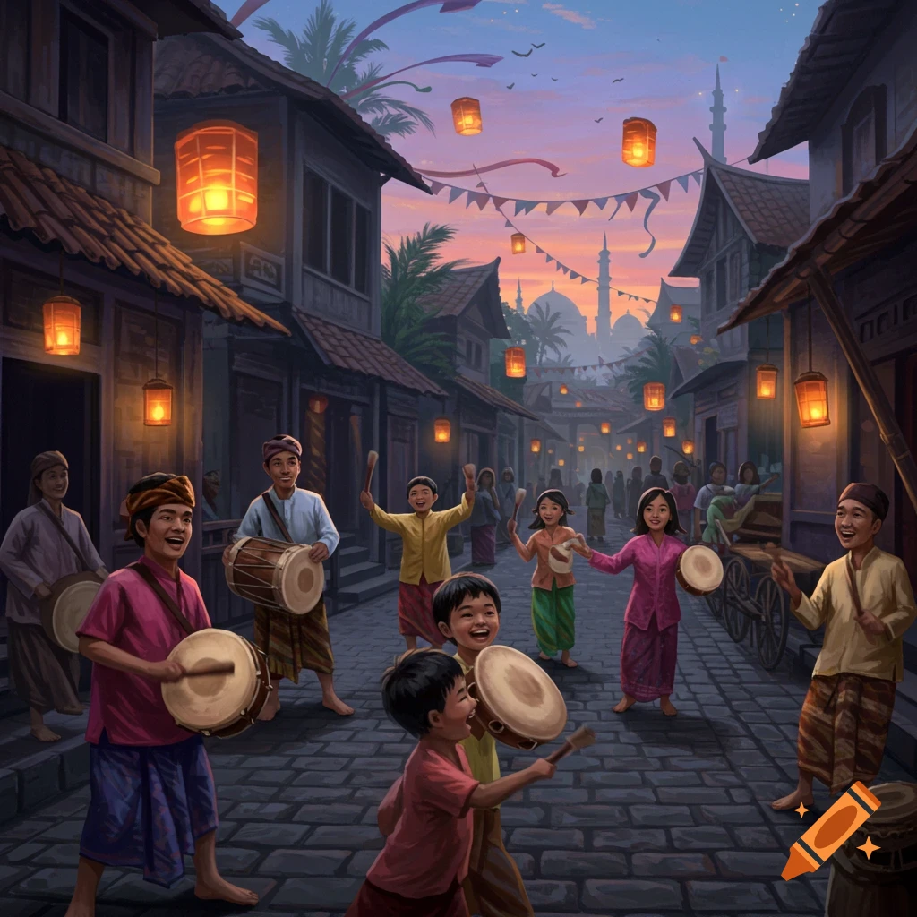 Vibrant illustration of children and adults playing drums on a lively street decorated with lanterns at dusk, with a mosque in the background.