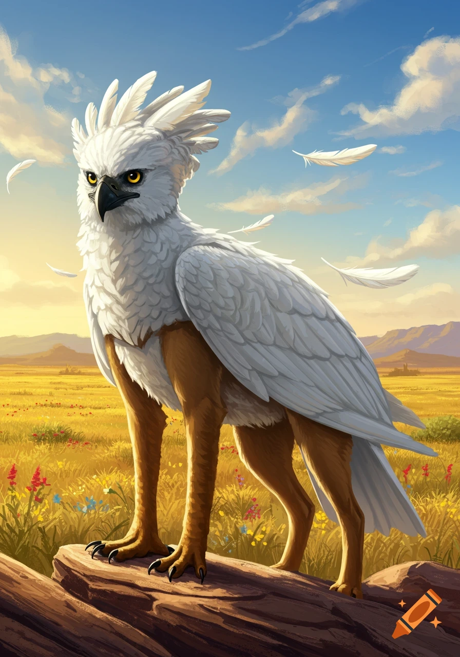 A white harpy eagle-coyote hybrid creature with golden eyes stands on a log in a grassy field under a bright sky with floating feathers.