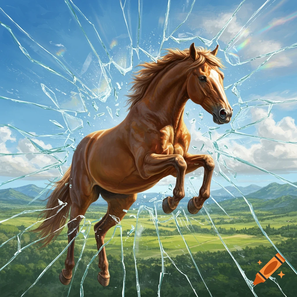 Muscly brown horse rearing through shattered glass against a bright blue sky and green landscape.
