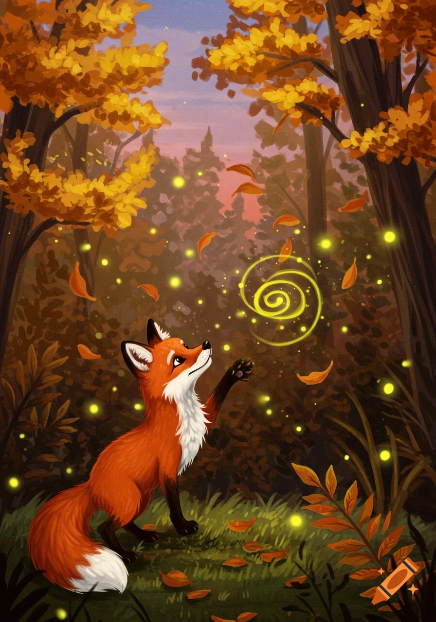 An illustration of a red fox looking up, paw raised, in an autumn forest with glowing orbs and falling orange leaves.