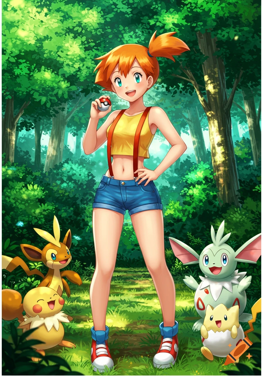 Misty from Pok 00e9mon holding a Pok 00e9 Ball in a forest with several Pok 00e9mon, including Togepi and Pichu, in an anime style.