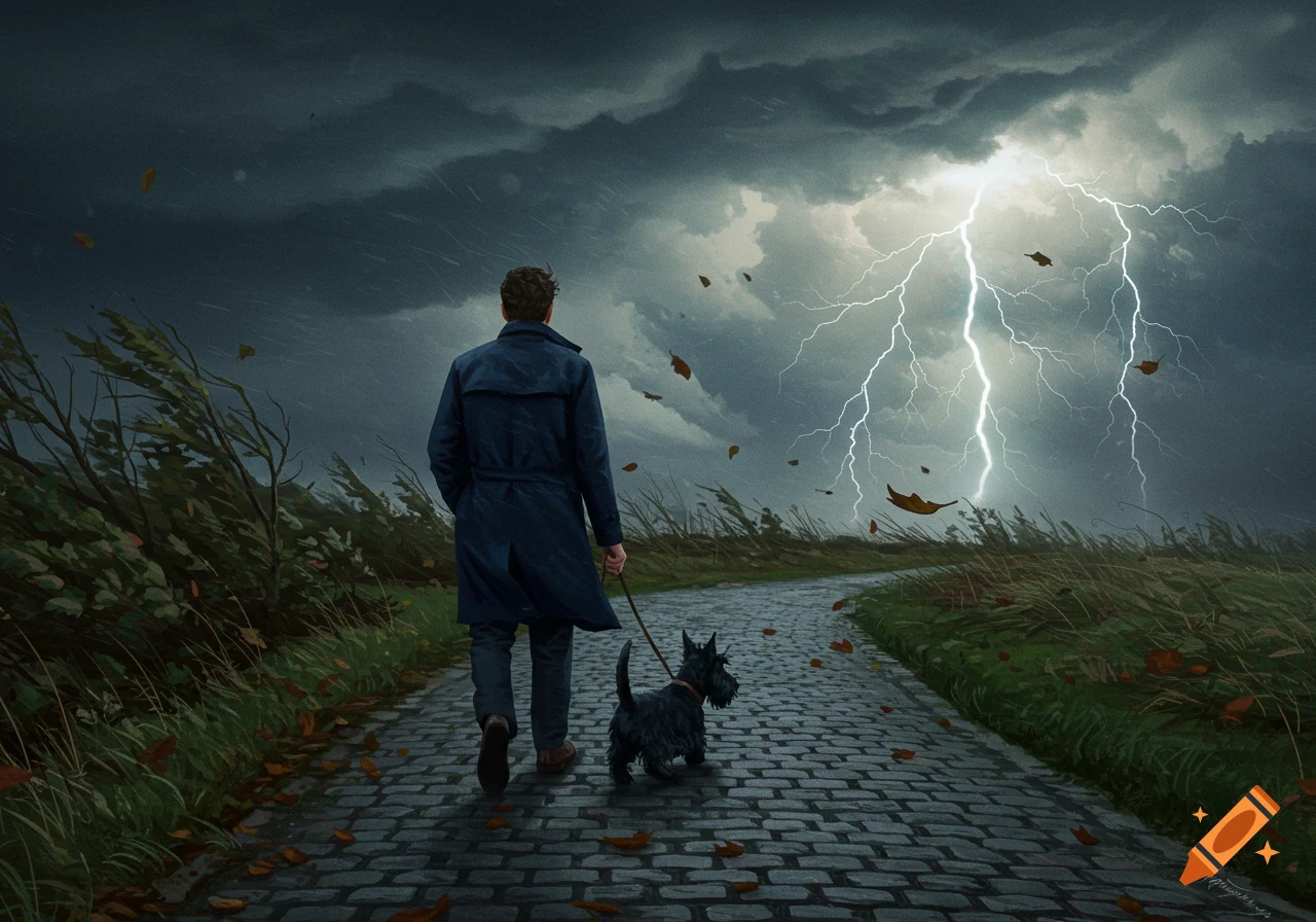 A man and his black Scottish terrier walk along a cobblestone path during a severe lightning storm with dark clouds and wind-blown trees.
