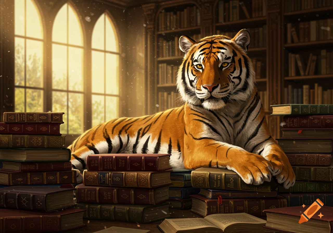 A majestic tiger rests on a large pile of old books in a grand library, bathed in golden sunlight from tall arched windows.