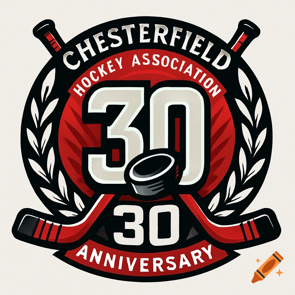 Red, black, and white logo for Chesterfield Hockey Association's 30th Anniversary, featuring crossed hockey sticks, a puck, and the number 30.