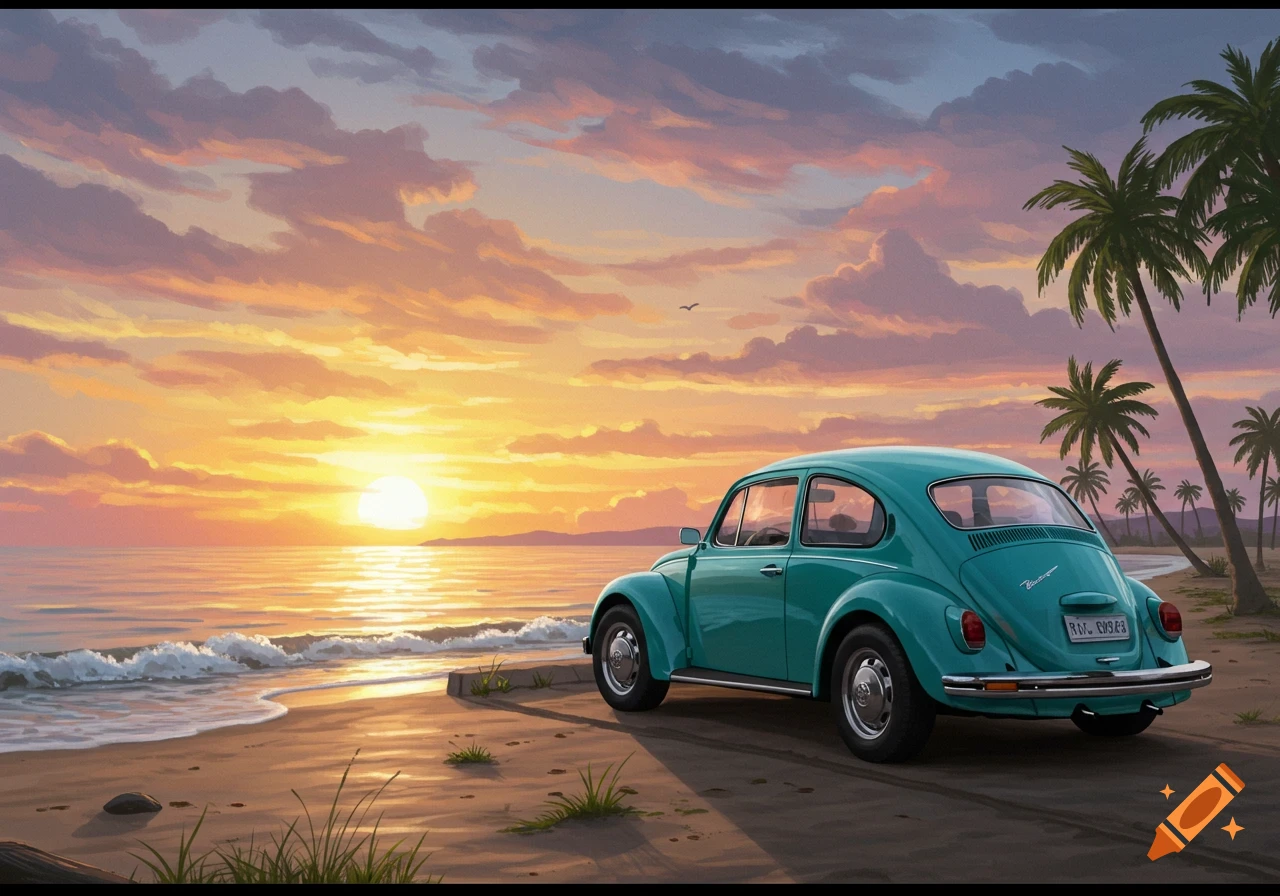 Digital painting of a teal Volkswagen Beetle parked on a sandy beach at sunset, with palm trees and ocean waves.