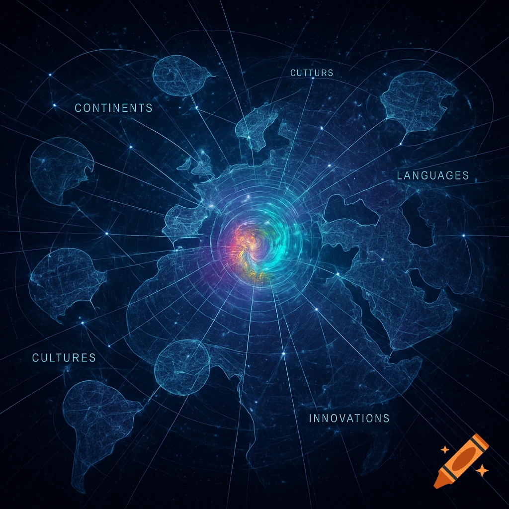A stylized, glowing blue infographic map of the world with lines connecting regions and labels like 'CONTINENTS', 'CULTURES', 'LANGUAGES', and 'INNOVATIONS'.