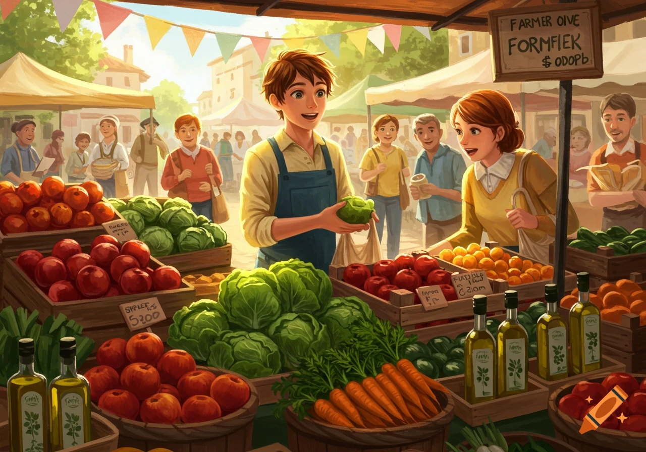 An illustrated bustling farmers market scene with people, stalls of fresh produce, and a young man selling vegetables.