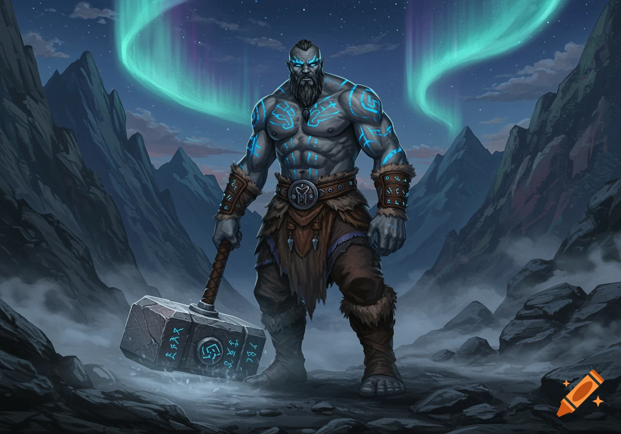 A muscular, grey-skinned fantasy goliath character with glowing blue runes on his body, holding a large stone hammer. He stands in a rocky, mountainous landscape under a sky lit by the Northern Lights.