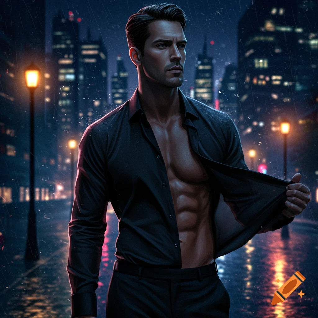 Muscular man in an open black shirt stands in the rain on a city street at night, with illuminated buildings.