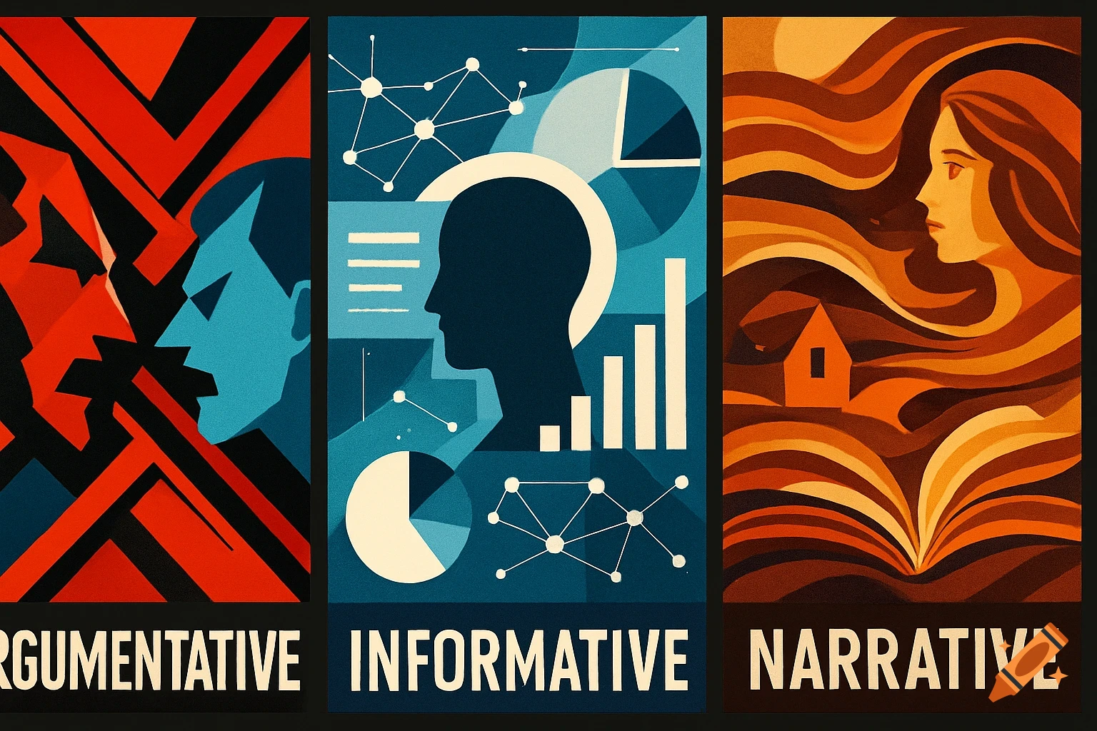 Three stylized graphic panels: Argumentative, Informative, and Narrative, depicting abstract representations of each concept.