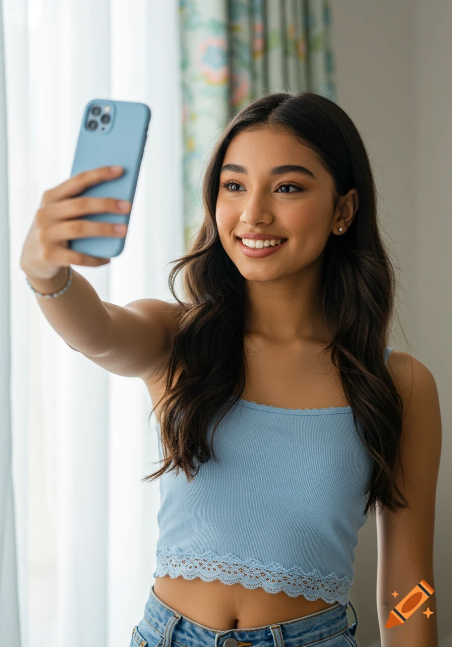 A smiling young woman takes a selfie with a light blue phone. She has long dark hair and wears a light blue crop top.