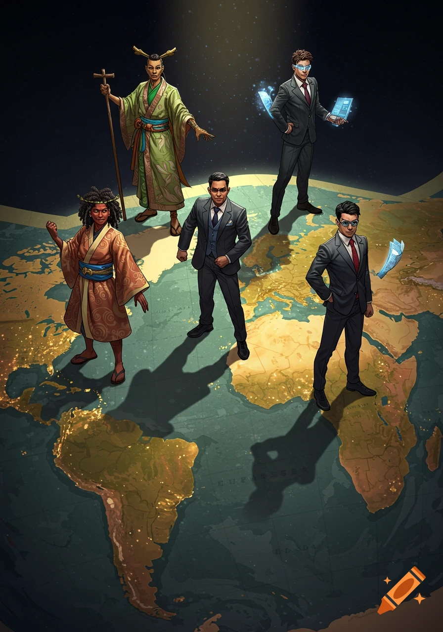 Four diverse characters, two in traditional attire and two in suits, stand on a stylized world map, like a superhero team.