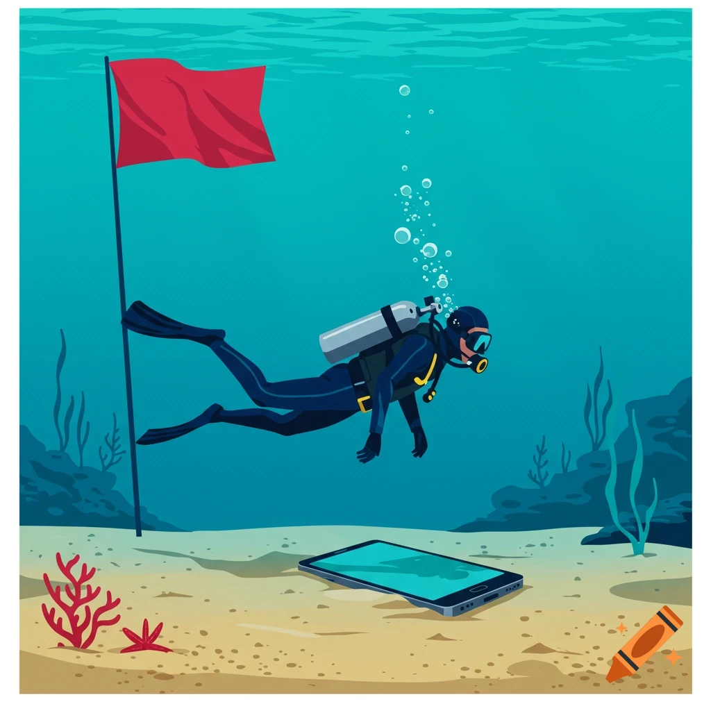 An illustration of a scuba diver swimming near the ocean floor, discovering a smartphone beside a red dive flag.
