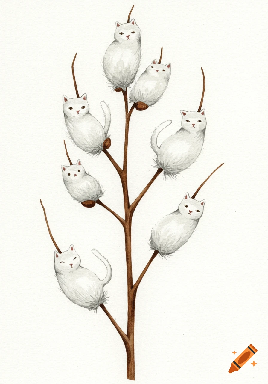 A watercolor painting of white, fluffy cat-like creatures (pussy willows) perched on a brown branch against a white background.