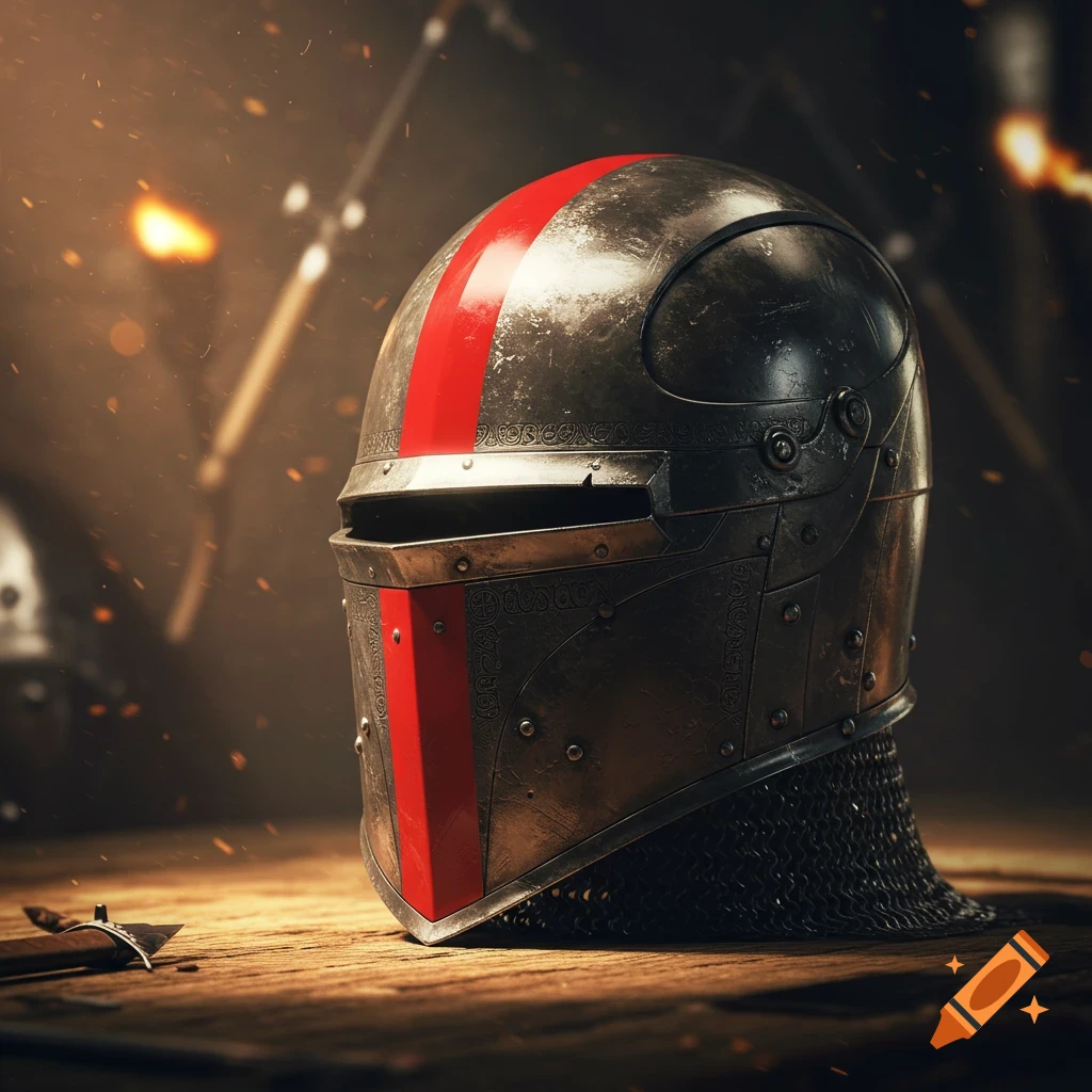 Photorealistic close-up of a weathered dark medieval armet helmet with a red stripe, resting on a wooden surface.