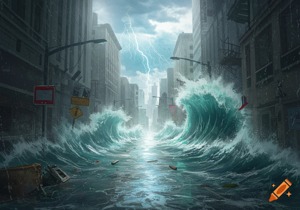 Massive waves flood a city street, crashing between tall buildings under a stormy sky with lightning.