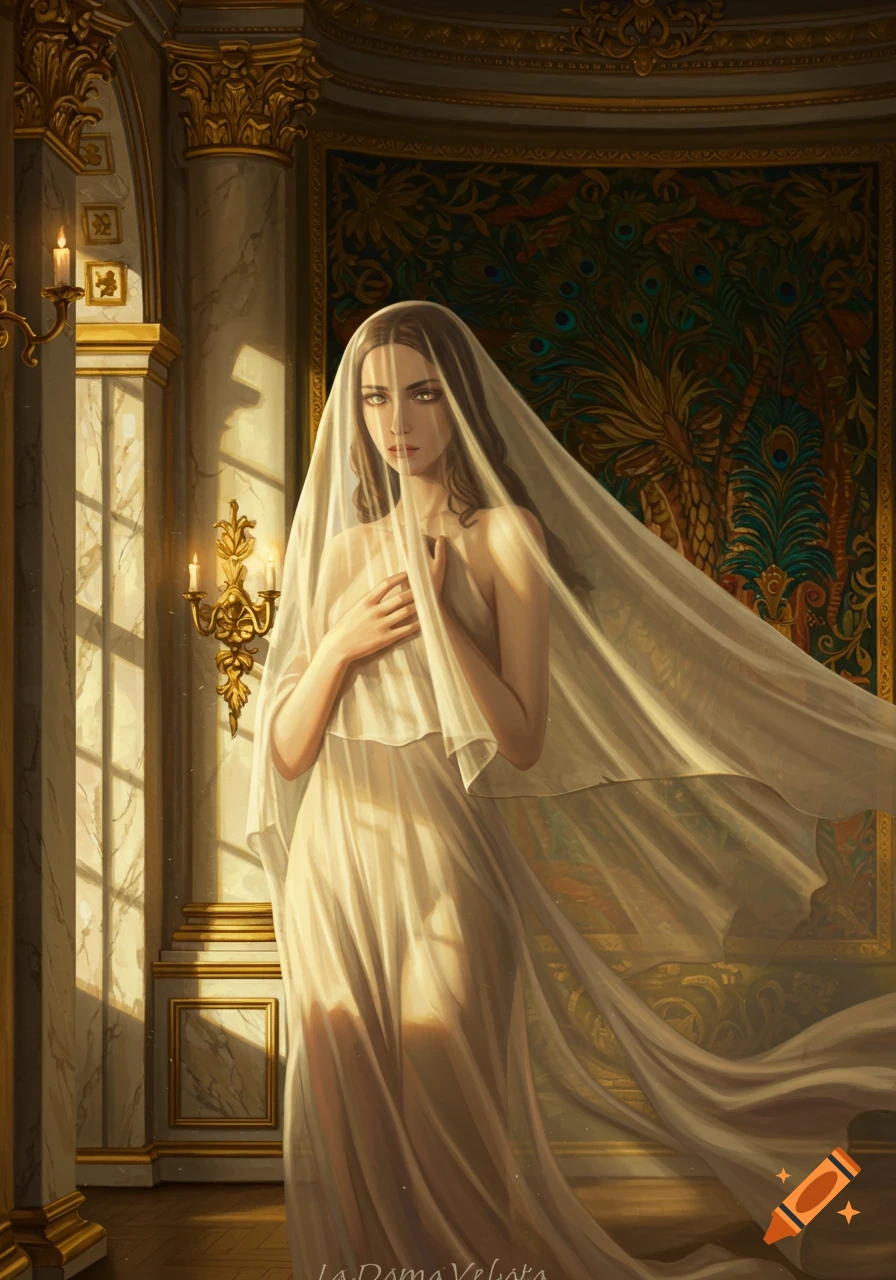 A veiled woman in a sheer dress stands in a luxurious, sunlit classical interior with golden decor and a peacock tapestry.