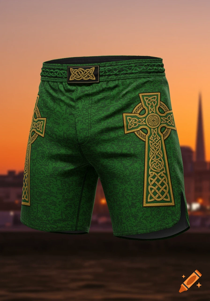 Green MMA shorts with large golden Celtic cross designs on the thighs, against a blurred city sunset background.