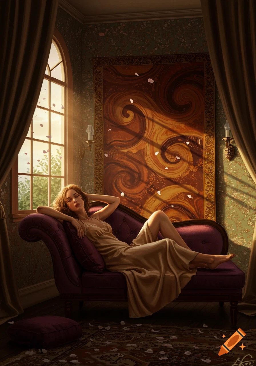 Woman in a slip dress reclining on a purple chaise lounge in a sunlit room with a large abstract painting and falling petals, in a realistic art style.