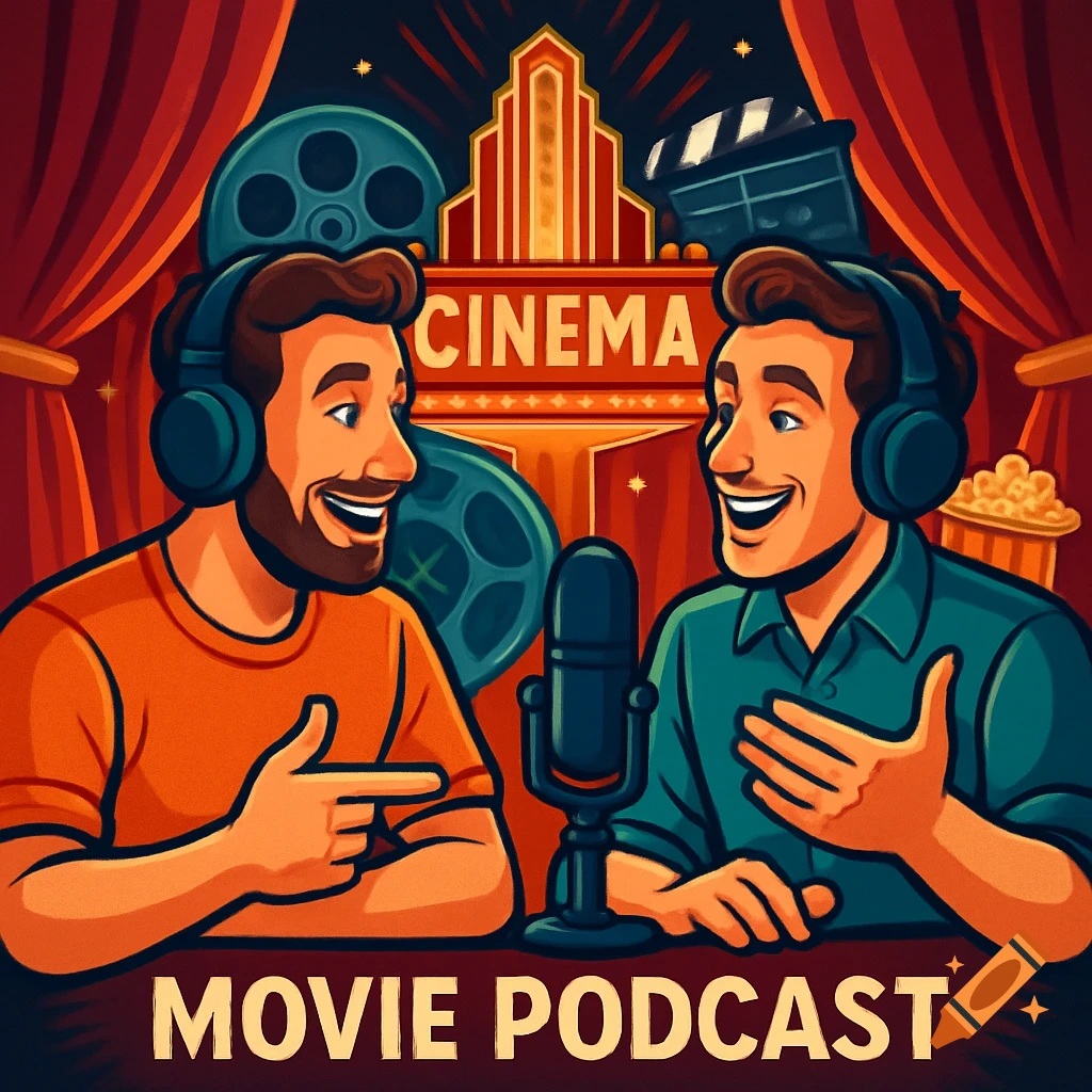 Cartoon illustration of two men in headphones talking into a microphone, with a cinema building, movie reels, and text 'MOVIE PODCAST' and 'CINEMA'.