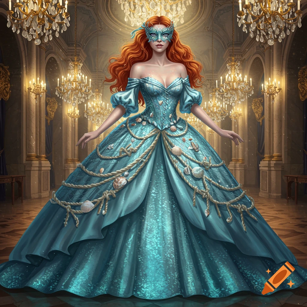 A red-haired woman in a turquoise sea-themed masquerade ballgown stands in a grand ballroom with chandeliers.