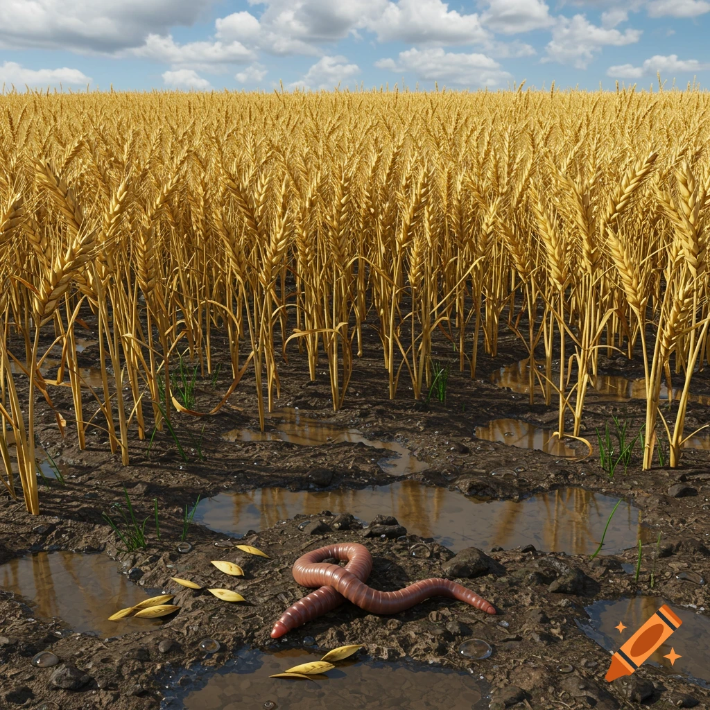 A large pink earthworm lies on muddy ground with puddles in a golden wheat field under a blue sky, photorealistic.