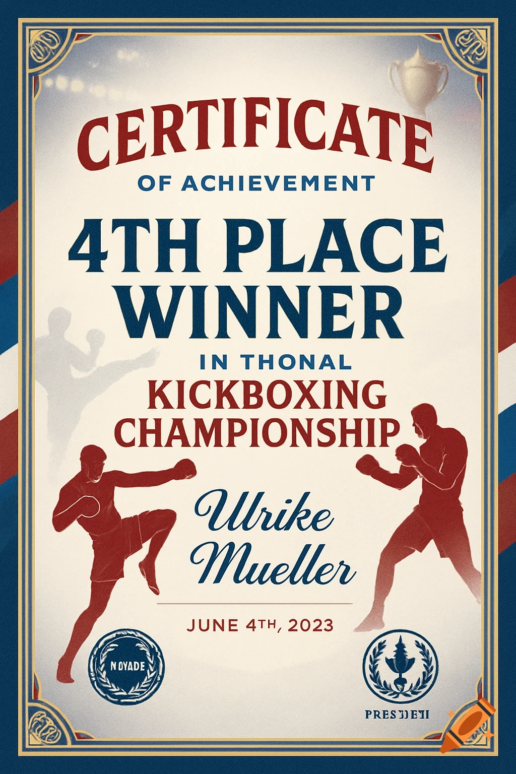 A vintage-style certificate of achievement for 4th place in a kickboxing championship, with silhouettes of martial artists and decorative borders.